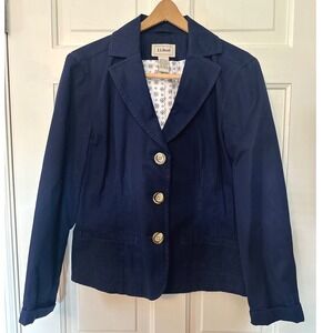 L.L. Bean Womens Petite‎ Blazer Jacket Size 12P Navy Blue Cotton 3 Button